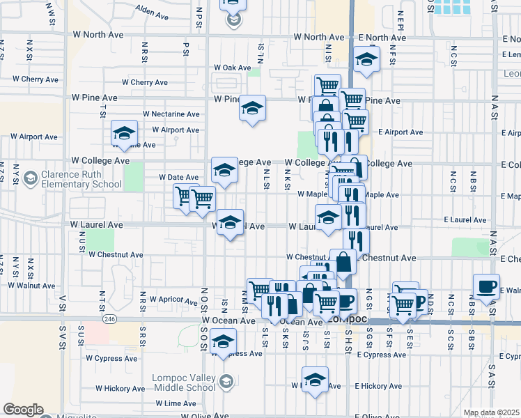 map of restaurants, bars, coffee shops, grocery stores, and more near 400 North M Street in Lompoc