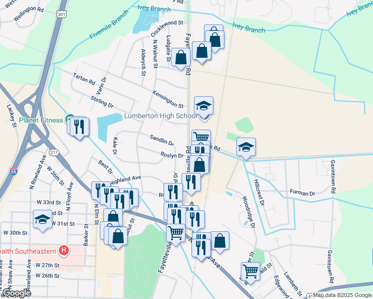 map of restaurants, bars, coffee shops, grocery stores, and more near 5604 Fayetteville Road in Lumberton