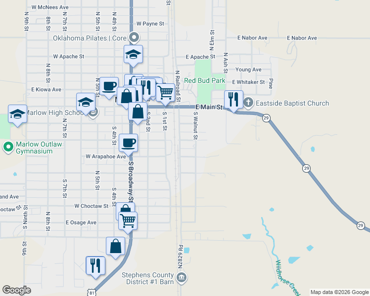 map of restaurants, bars, coffee shops, grocery stores, and more near 284 South Railroad Street in Marlow