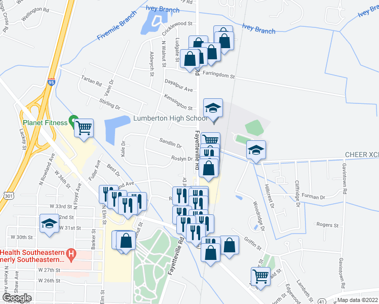 map of restaurants, bars, coffee shops, grocery stores, and more near 3634 Fayetteville Road in Lumberton