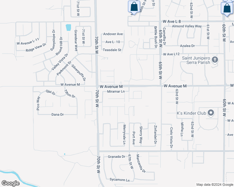 map of restaurants, bars, coffee shops, grocery stores, and more near 6736 Miramar Lane in Palmdale