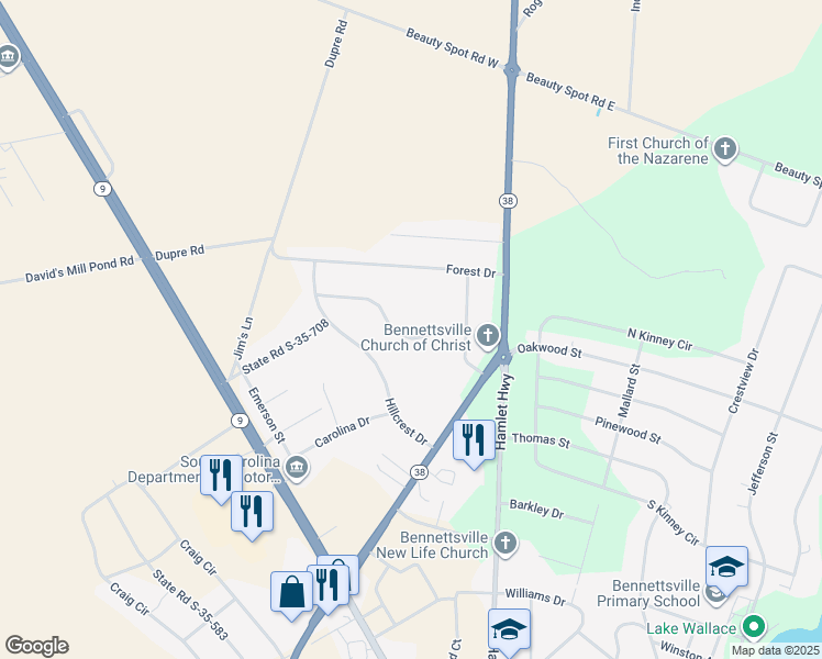 map of restaurants, bars, coffee shops, grocery stores, and more near 119 Springdale Drive in Bennettsville