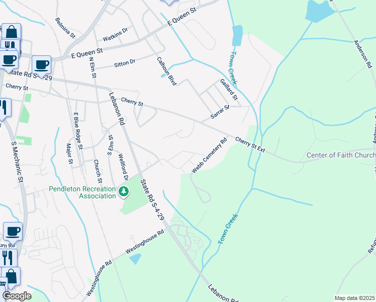 map of restaurants, bars, coffee shops, grocery stores, and more near 101 Magnolia Lane in Pendleton
