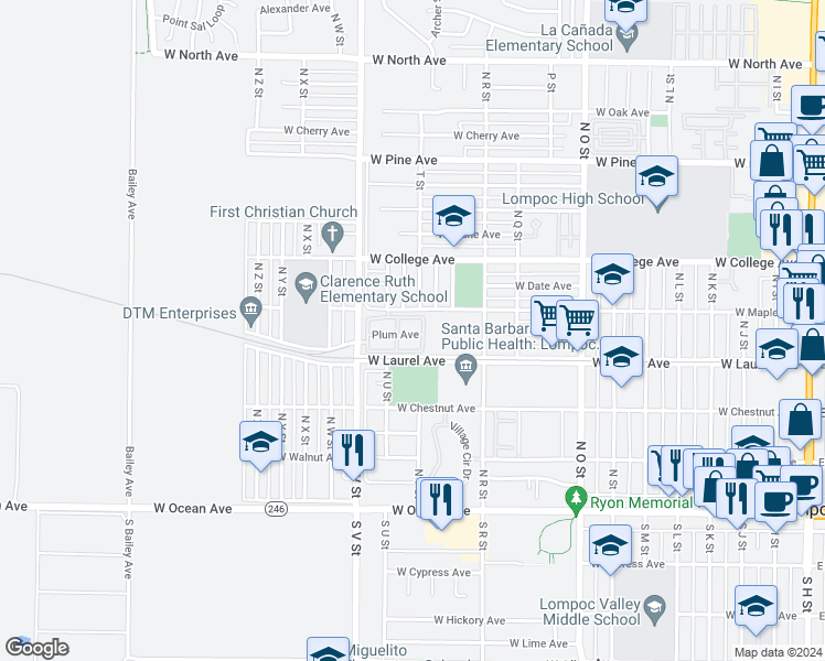 map of restaurants, bars, coffee shops, grocery stores, and more near 1309 Plum Avenue in Lompoc