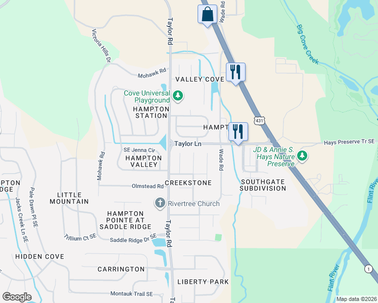 map of restaurants, bars, coffee shops, grocery stores, and more near 5305 Frankford Drive Southeast in Owens Cross Roads