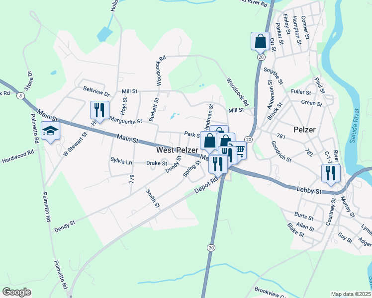 map of restaurants, bars, coffee shops, grocery stores, and more near 3 Dunlap Street in Pelzer