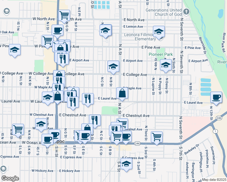 map of restaurants, bars, coffee shops, grocery stores, and more near 703 East Maple Avenue in Lompoc