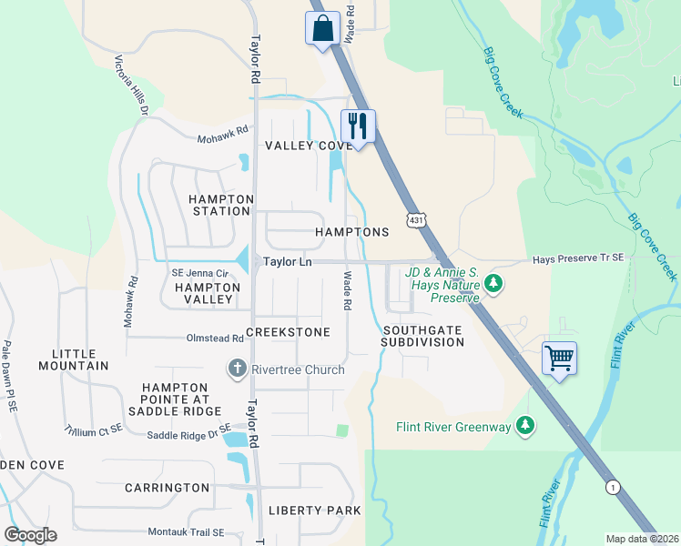 map of restaurants, bars, coffee shops, grocery stores, and more near 521 Wade Road Southeast in Owens Cross Roads