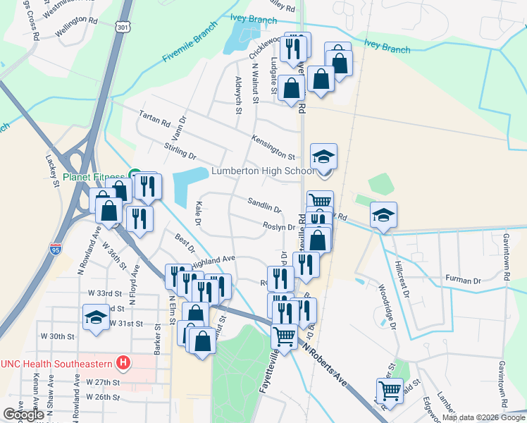 map of restaurants, bars, coffee shops, grocery stores, and more near 451 Sandlin Drive in Lumberton
