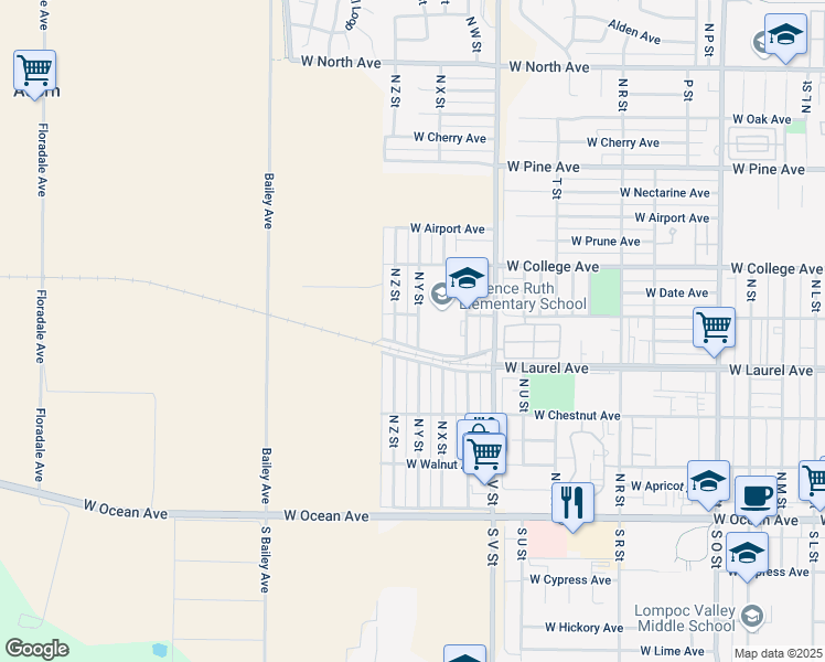map of restaurants, bars, coffee shops, grocery stores, and more near 429 North Y Street in Lompoc