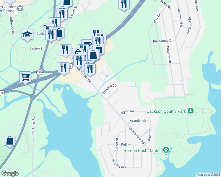 map of restaurants, bars, coffee shops, grocery stores, and more near 1613 Delwood Circle in Scottsboro