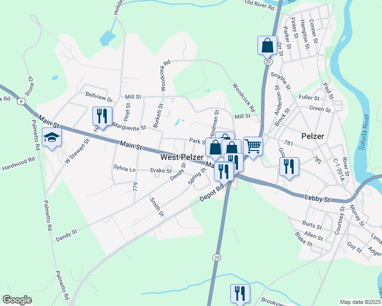 map of restaurants, bars, coffee shops, grocery stores, and more near 3 Dunlap Street in Pelzer