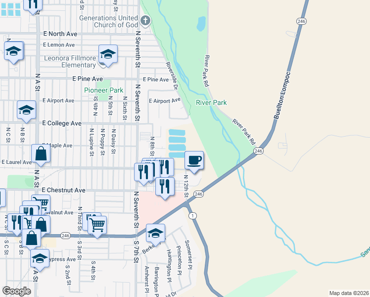 map of restaurants, bars, coffee shops, grocery stores, and more near 1701 East Laurel Avenue in Lompoc