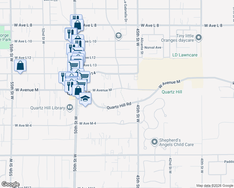 map of restaurants, bars, coffee shops, grocery stores, and more near 4716 Columbia Way in Lancaster