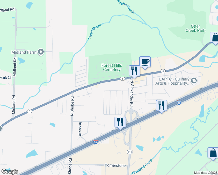 map of restaurants, bars, coffee shops, grocery stores, and more near 9900 Arkansas 5 in Alexander