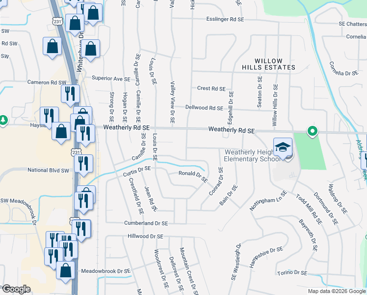 map of restaurants, bars, coffee shops, grocery stores, and more near 10006 Hickory Hill Lane Southeast in Huntsville