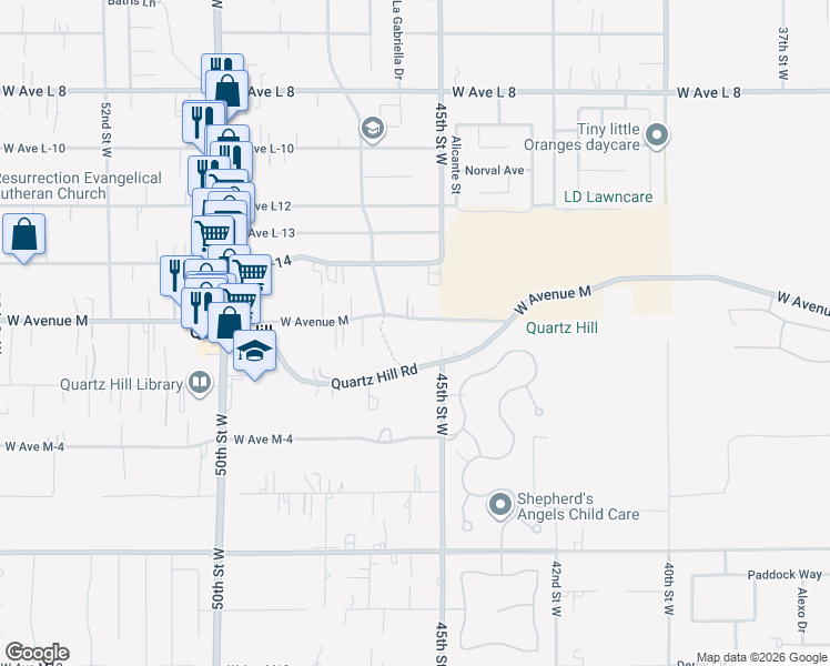 map of restaurants, bars, coffee shops, grocery stores, and more near 4534 Columbia Way in Quartz Hill