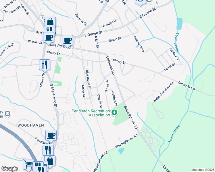 map of restaurants, bars, coffee shops, grocery stores, and more near 320 South Elm Street in Pendleton