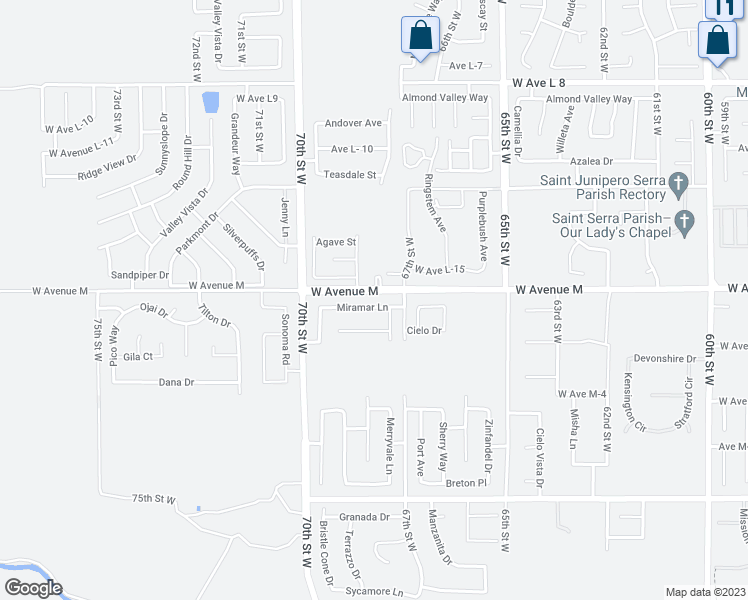 map of restaurants, bars, coffee shops, grocery stores, and more near 6727 Miramar Lane in Palmdale