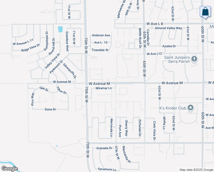 map of restaurants, bars, coffee shops, grocery stores, and more near 6727 Miramar Lane in Palmdale