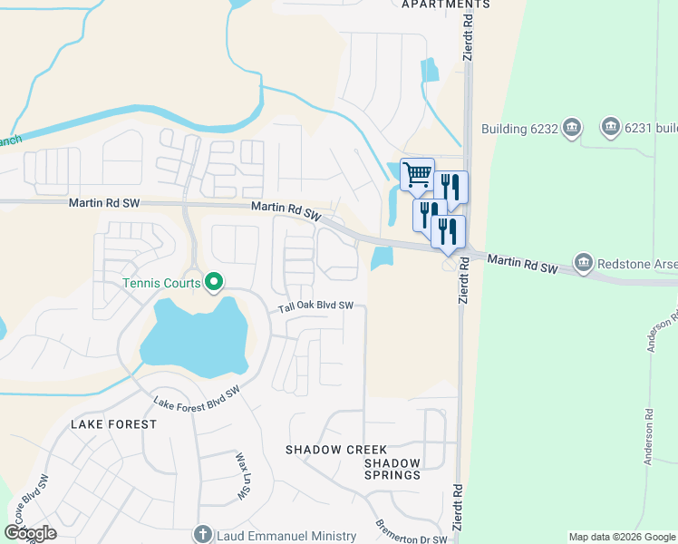 map of restaurants, bars, coffee shops, grocery stores, and more near 240 Martin Road Southwest in Huntsville