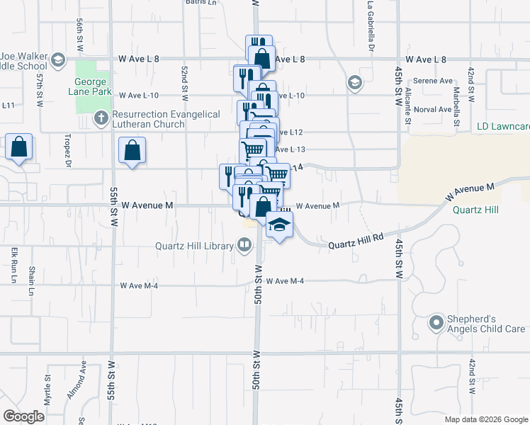 map of restaurants, bars, coffee shops, grocery stores, and more near in Quartz Hill