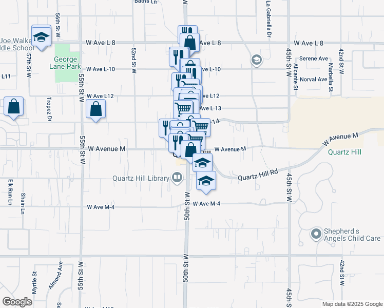 map of restaurants, bars, coffee shops, grocery stores, and more near 42401 61st Street West in Quartz Hill