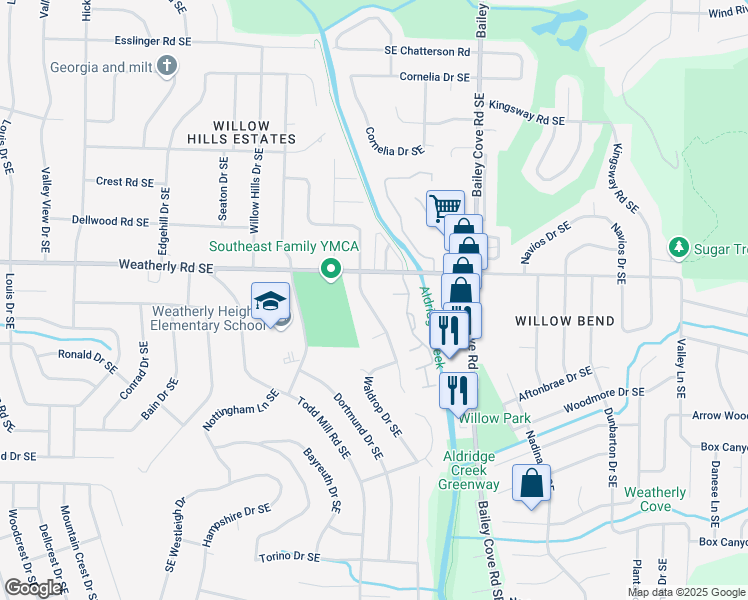 map of restaurants, bars, coffee shops, grocery stores, and more near 10011 Willow Cove Road Southeast in Huntsville