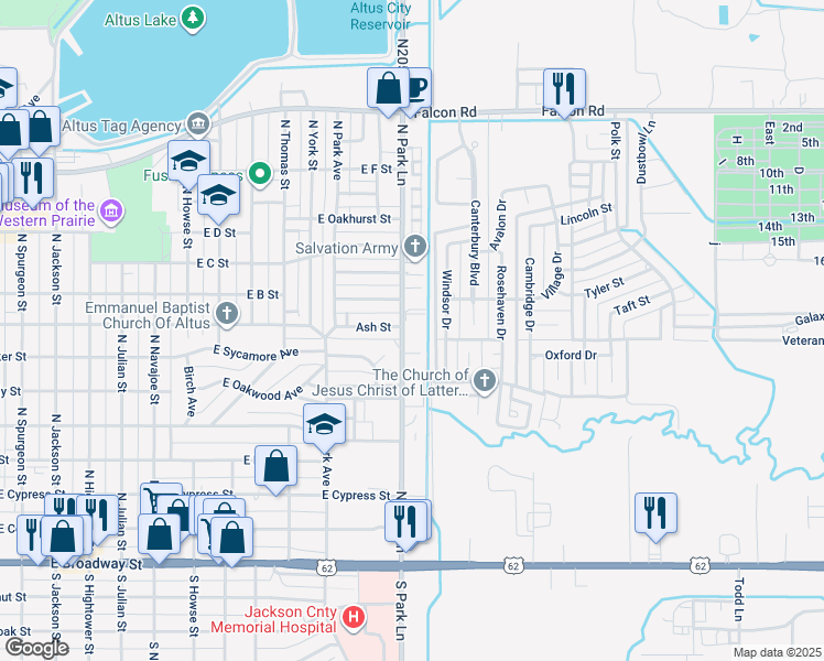 map of restaurants, bars, coffee shops, grocery stores, and more near 702 North Park Lane in Altus