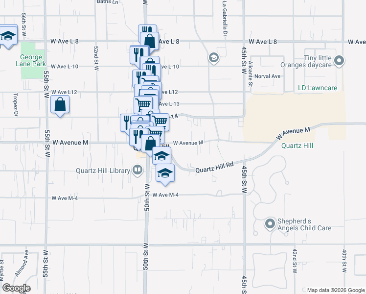 map of restaurants, bars, coffee shops, grocery stores, and more near 4788 Columbia Way in Quartz Hill