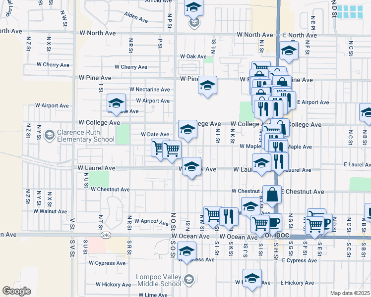 map of restaurants, bars, coffee shops, grocery stores, and more near 700 West Maple Avenue in Lompoc