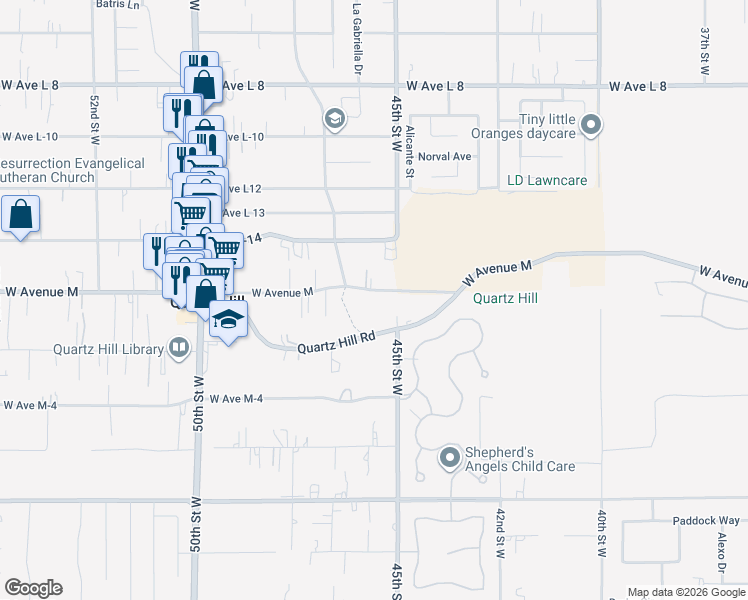 map of restaurants, bars, coffee shops, grocery stores, and more near 4534 Columbia Way in Quartz Hill