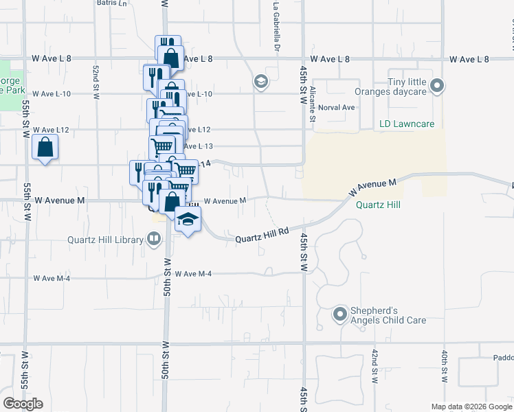map of restaurants, bars, coffee shops, grocery stores, and more near 4716 Columbia Way in Lancaster