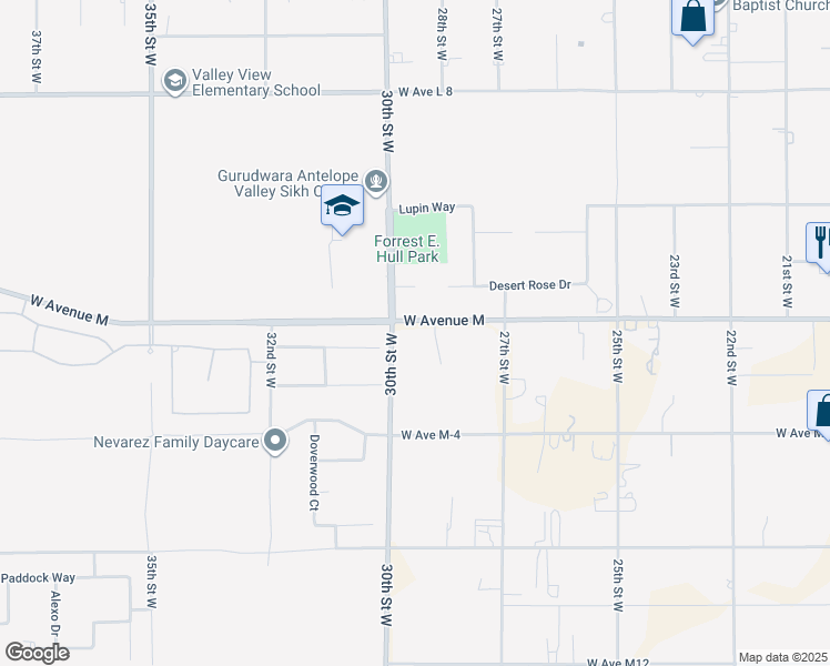 map of restaurants, bars, coffee shops, grocery stores, and more near 2840 West Avenue M in Palmdale