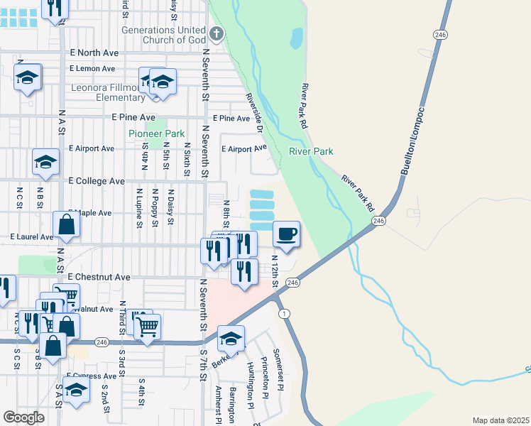 map of restaurants, bars, coffee shops, grocery stores, and more near Riverview Terrace in Lompoc