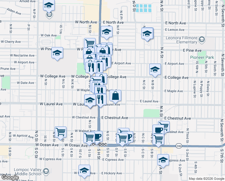 map of restaurants, bars, coffee shops, grocery stores, and more near 213 East Maple Avenue in Lompoc