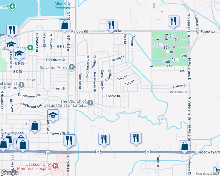 map of restaurants, bars, coffee shops, grocery stores, and more near 1598 Queens Court in Altus