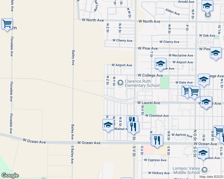 map of restaurants, bars, coffee shops, grocery stores, and more near 429 North Y Street in Lompoc