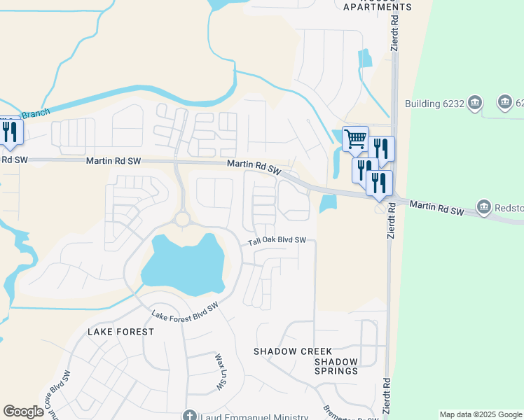 map of restaurants, bars, coffee shops, grocery stores, and more near 25 Desert Oak Court Southwest in Huntsville