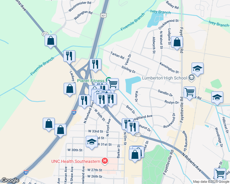 map of restaurants, bars, coffee shops, grocery stores, and more near 2710 North Roberts Avenue in Lumberton
