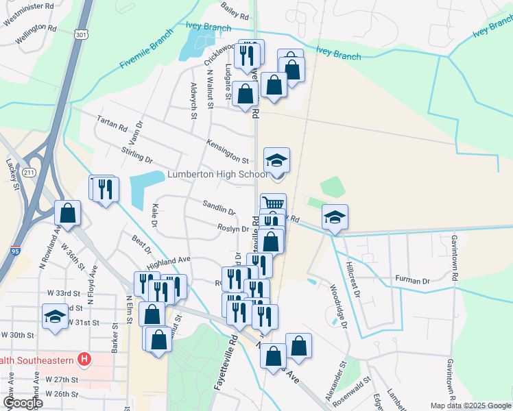 map of restaurants, bars, coffee shops, grocery stores, and more near 3901 Fayetteville Road in Lumberton