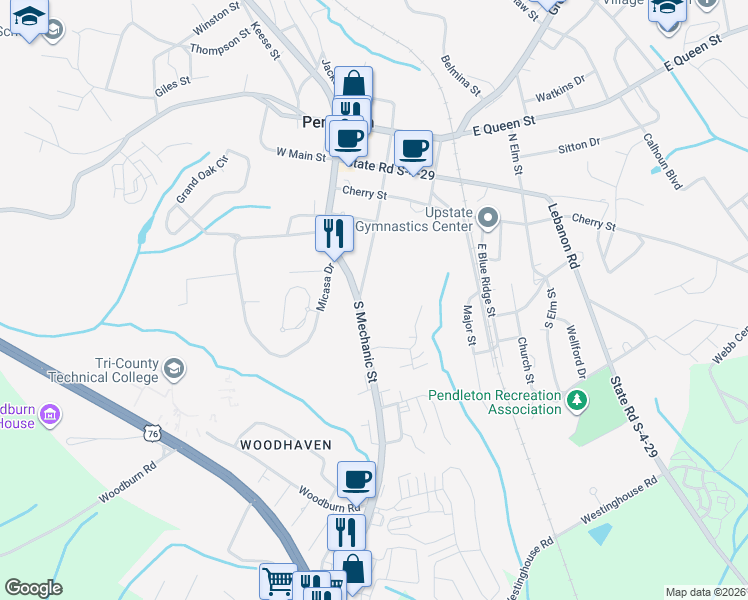 map of restaurants, bars, coffee shops, grocery stores, and more near 603 South Mechanic Street in Pendleton