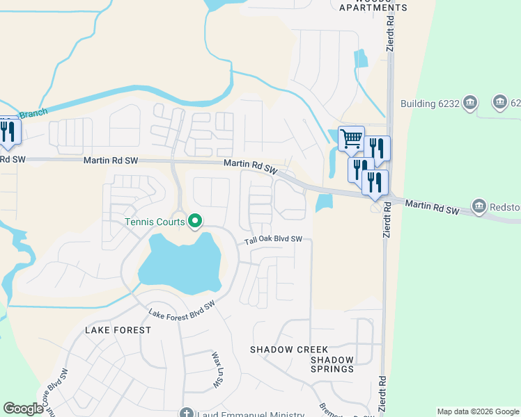 map of restaurants, bars, coffee shops, grocery stores, and more near 25 Desert Oak Court Southwest in Huntsville