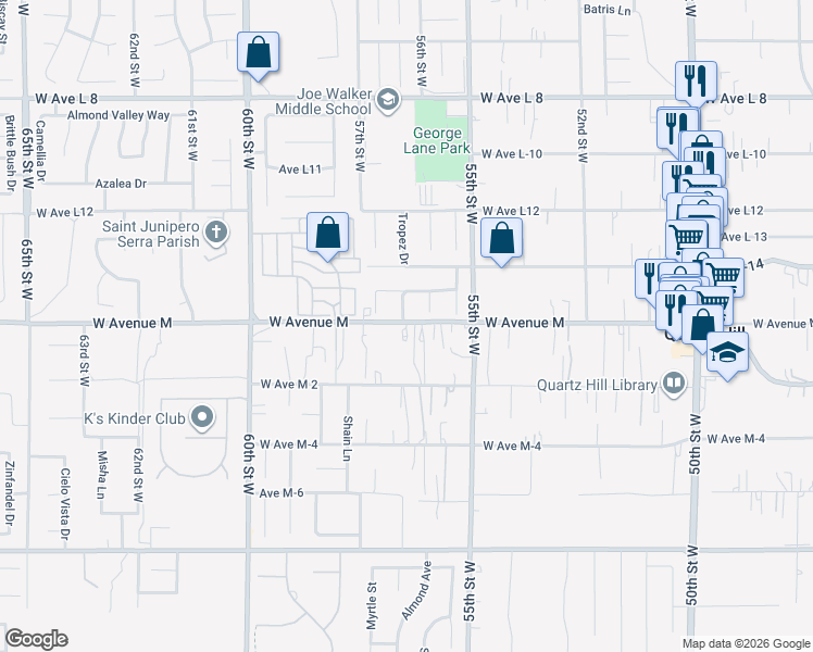 map of restaurants, bars, coffee shops, grocery stores, and more near 5608 West Avenue M in Quartz Hill