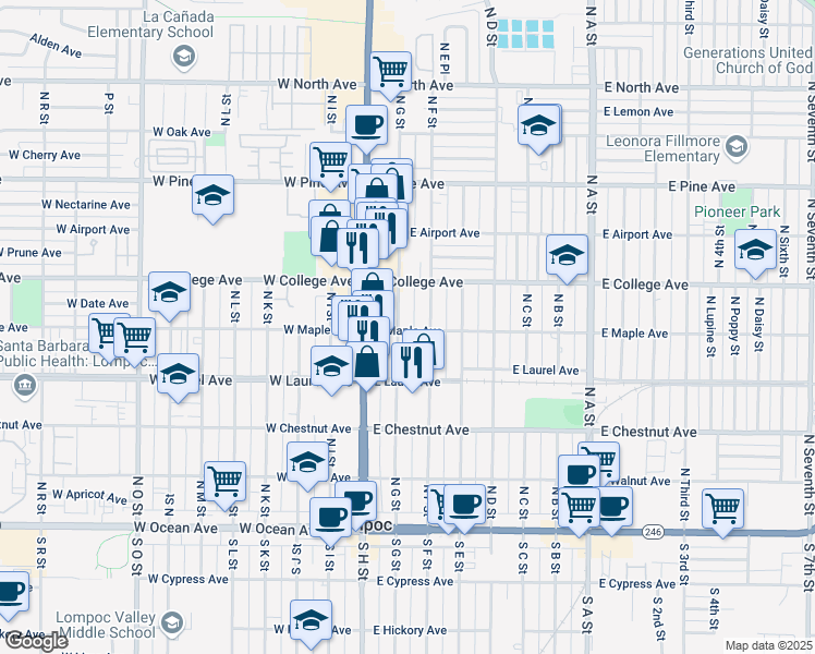 map of restaurants, bars, coffee shops, grocery stores, and more near 207 East Maple Avenue in Lompoc