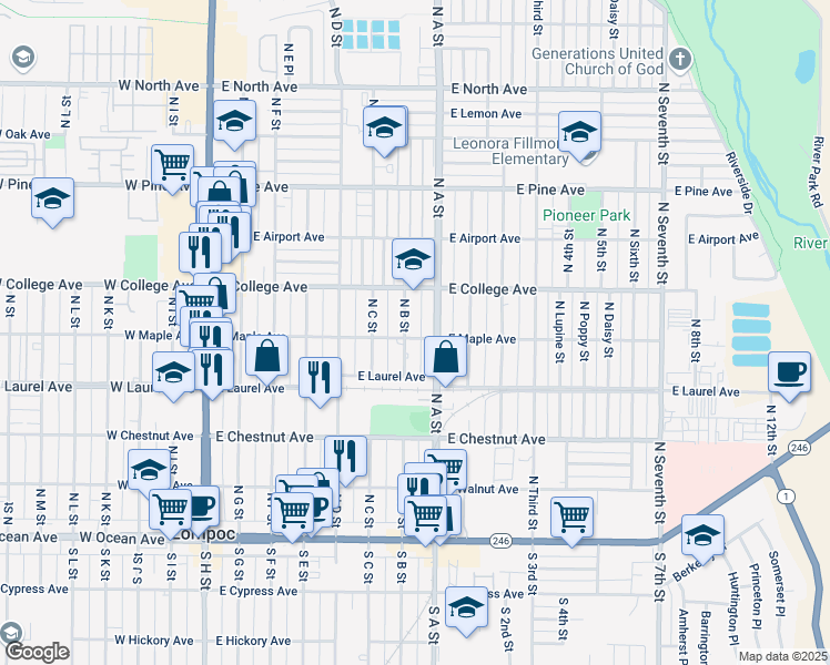 map of restaurants, bars, coffee shops, grocery stores, and more near 703 East Maple Avenue in Lompoc