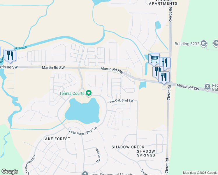 map of restaurants, bars, coffee shops, grocery stores, and more near 8 Maple Grove Boulevard Southwest in Huntsville