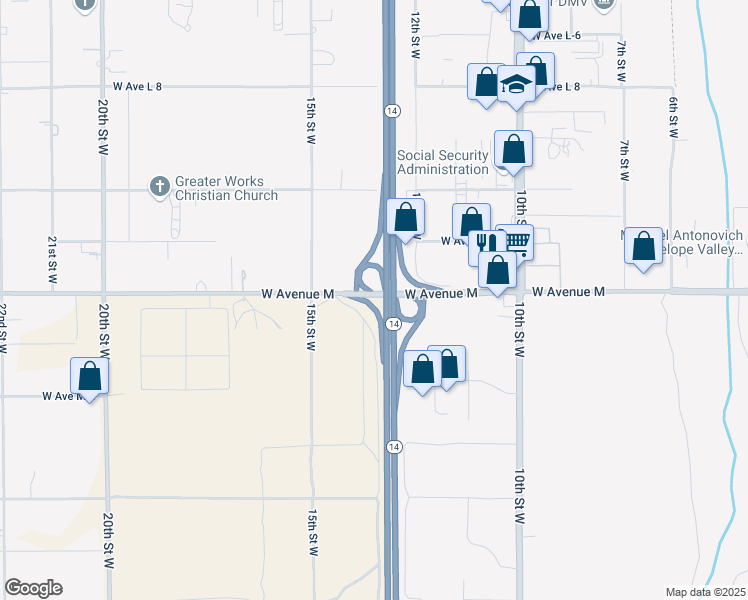 map of restaurants, bars, coffee shops, grocery stores, and more near West Avenue M in Palmdale