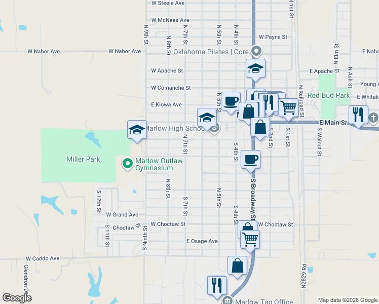 map of restaurants, bars, coffee shops, grocery stores, and more near 212 South 7th Street in Marlow