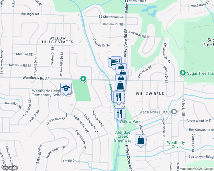 map of restaurants, bars, coffee shops, grocery stores, and more near 10011 Meredith Lane Southeast in Huntsville
